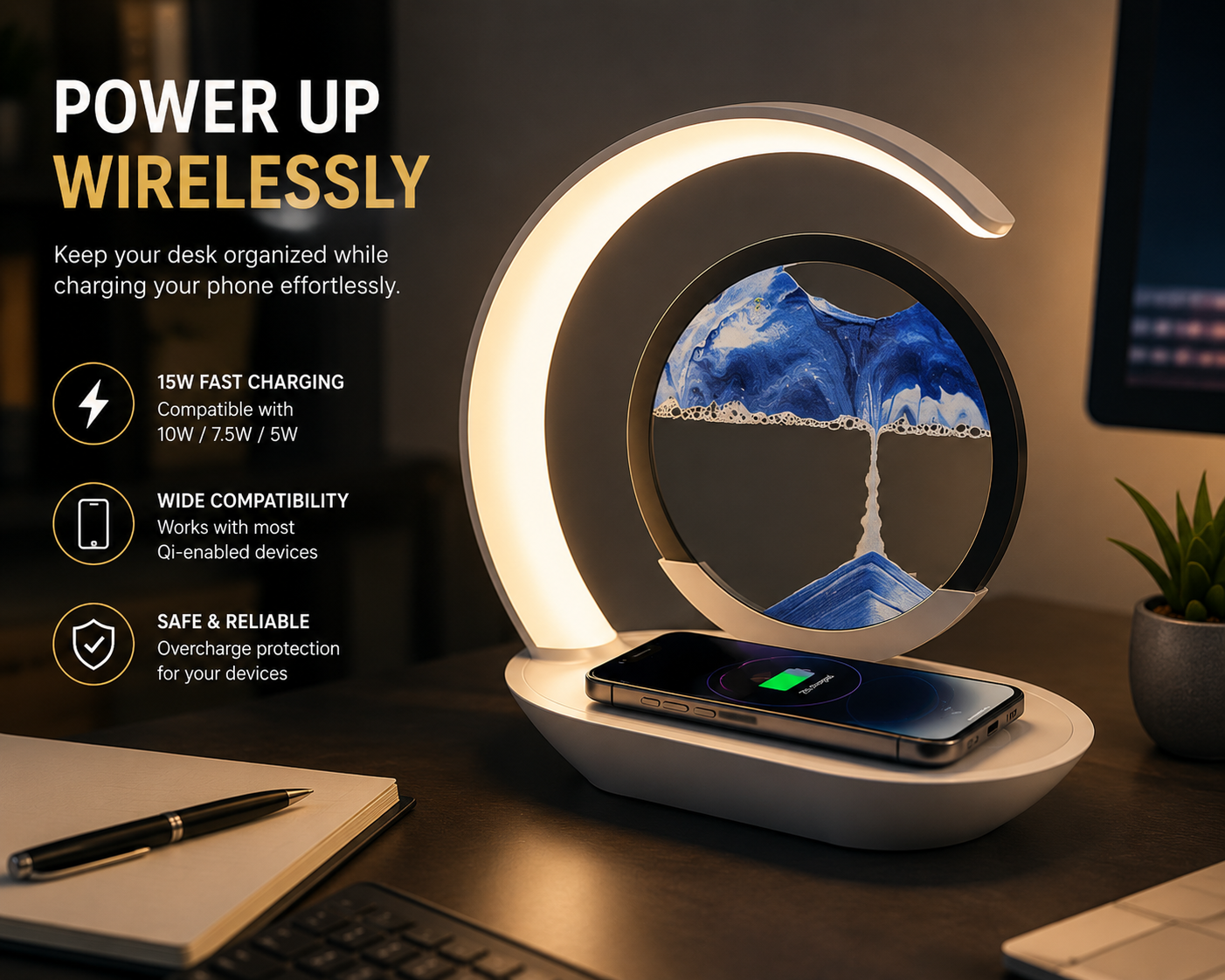 3-in-1 Quicksand LED Lamp with Wireless Charger